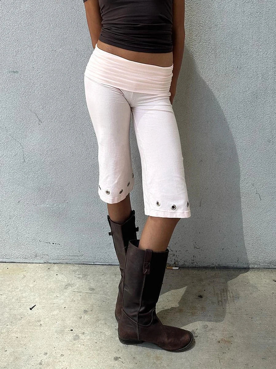 Women Capris Pants Summer Elastic Waist Solid Color Eyelets Casual Short Trousers Streetwear for Daily
