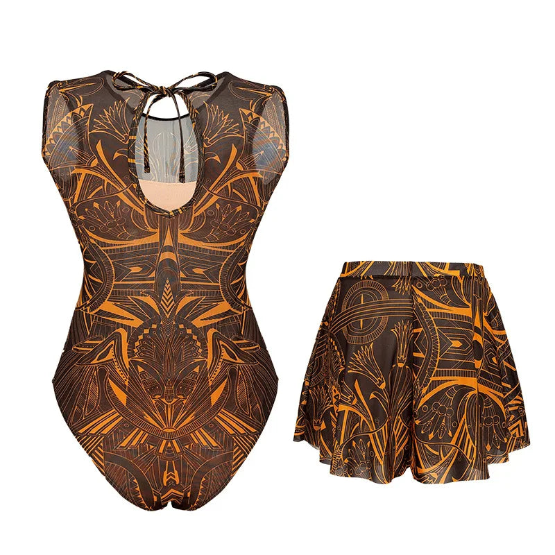 UPF 35+ Retro Sleeveless Swimwear Bodysuit High-end Mesh One Piece Swimsuit Women 2026 Sexy High Cut Bathing Suit with Cover Up