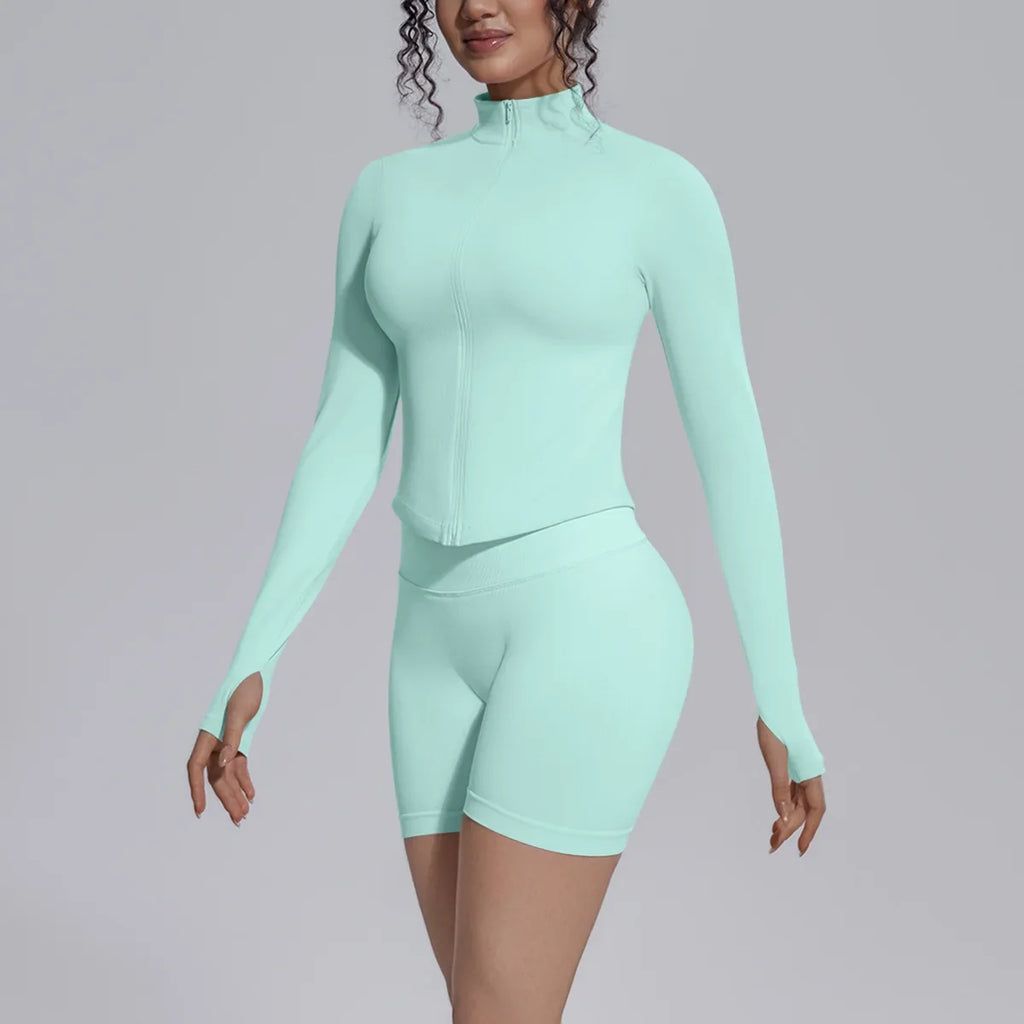 Women's Seamless Yoga Sets Sports Fitness Gym Zipper Long-Sleeve Jacket Hip Lift High-Waist Shorts Suits Workout Training Sets