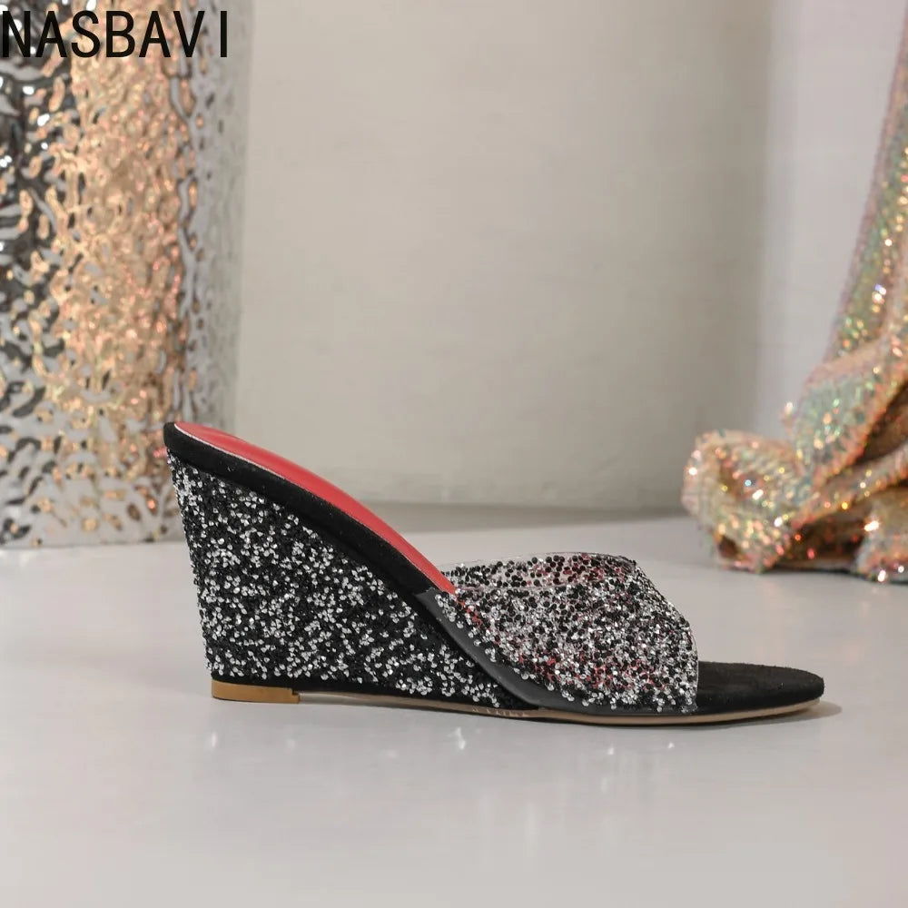 Fashion Slippers Peep Toe Wedges High Heels Slippers Shiny Rhinestones Comfortable Shoes for Women Slide Summer Zapatos De Mujer