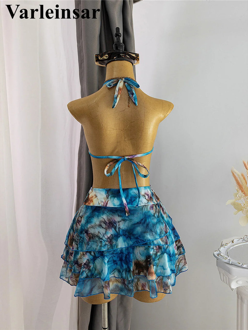 S - XL With Skirt Printed Halter Bikini Female Swimsuit Women Swimwear Three-pieces Bikini set Bather Bathing Suit Swim V8184