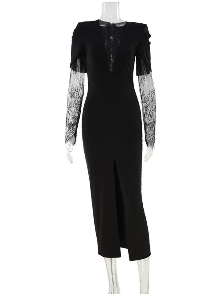 Ahagaga Eelgant Lace Women's Dress Patchwork Long Sleeves Autumn Party Slim Fit Sheath Velvet Sexy Split Trend Female Vestidos
