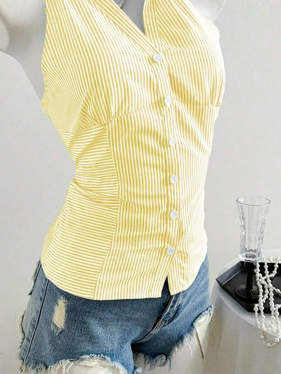 Summer Casual Shirt Women's Blue Striped Halter Top V Neck Button Down Sleeveless Slim Fit Blouse 2026 Y2K Style Streetwear