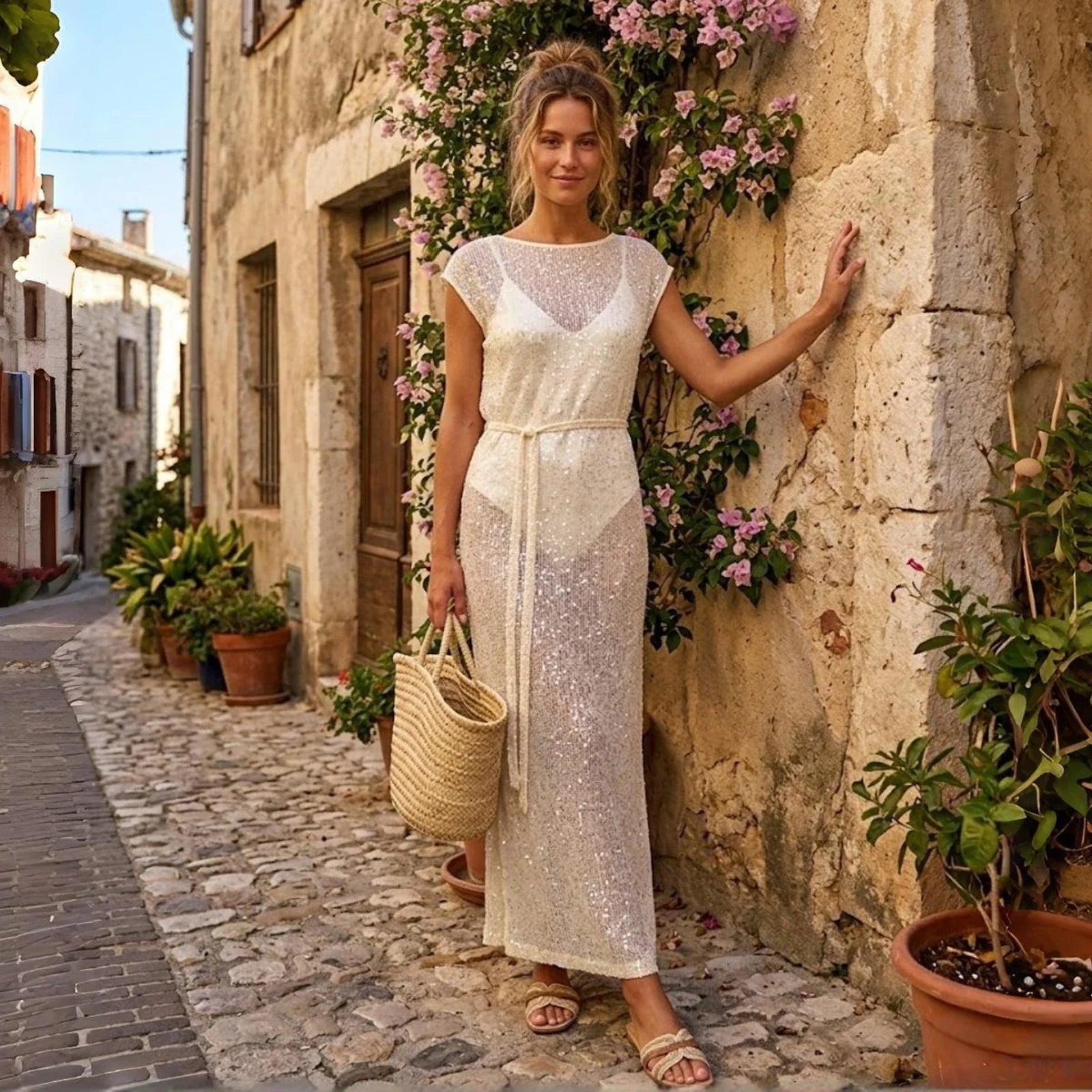 Women's Solid Color Knit Sheer Dress Summer Swim Cover Up Cap Sleeve Round Neck Sequin Dresses for Beach