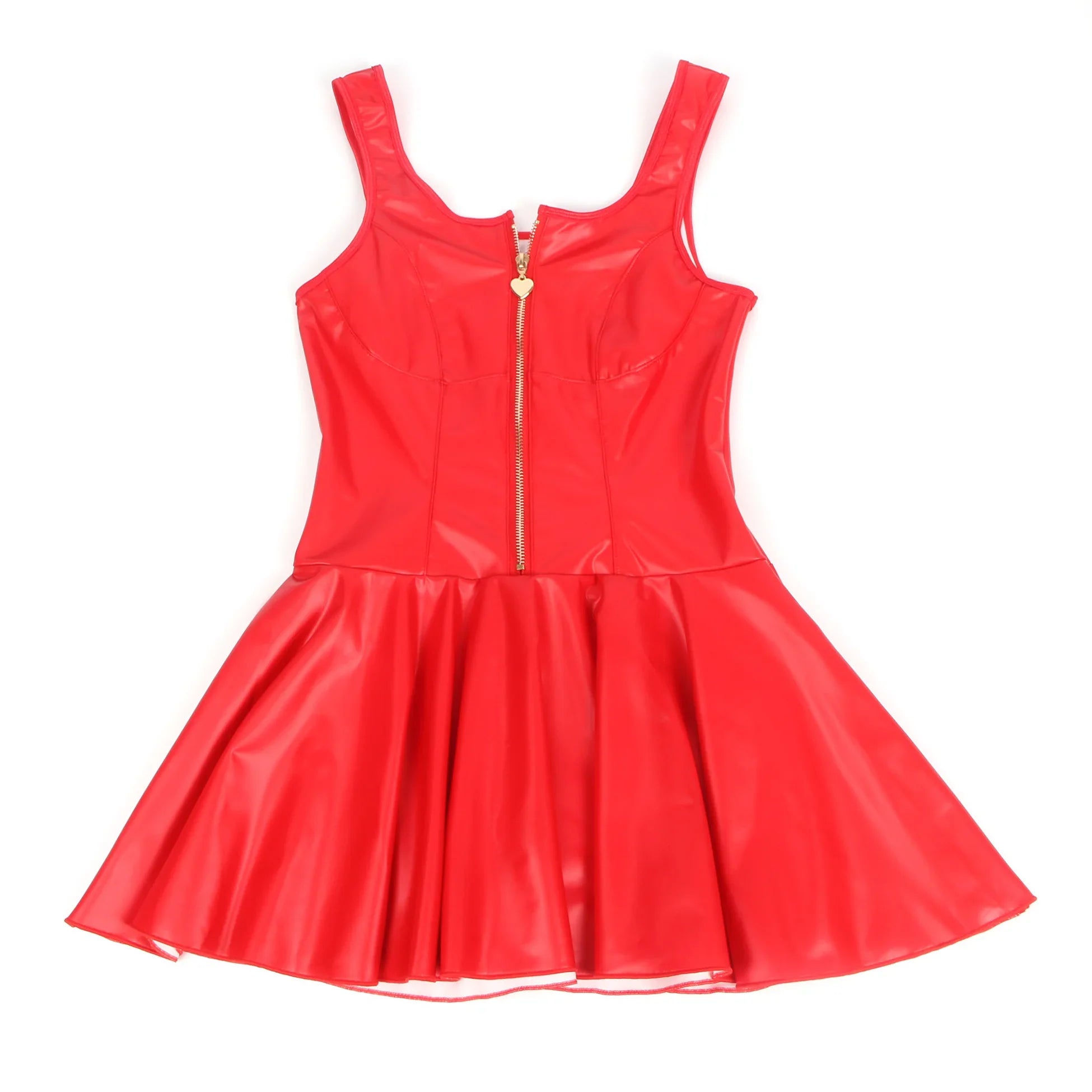 Black PU Leather Wide Strap Mini Dress for Women Heart Zipper Sexy Night Out Clubwear Plus Size Faux Leather Bodycon Babydoll