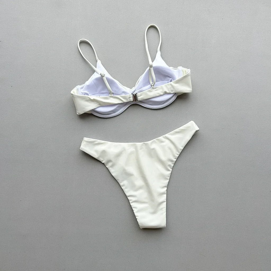 2026 New Women's Underwire Bikini Set Solid Color Strappy Swimsuit Rivet Decor Micro Bikini Sexy Backless Bathing Suit Beachwear