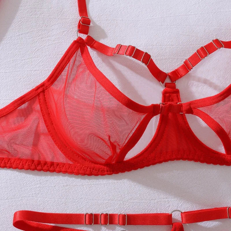 Toucheart Sexy Mesh Lingerie Split Kit with Gloves Steel Ring Laceup Patchwork Skinny See-through Hollow Interesting Private Set