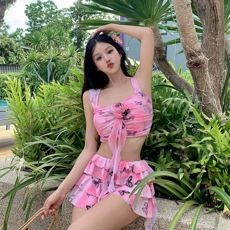 Swimsuit split skirt conservative small breast push up vacation swimsuit hot spring date romantic bikini