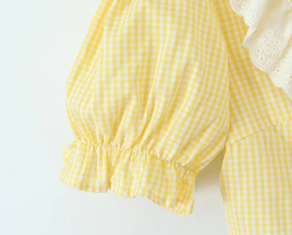 Foridol Gingham Printed Yellow Women Summer Dress Set Lace Top+skirt Sets Vintage French Style Midi Dress Oufits Plaid Vestidos