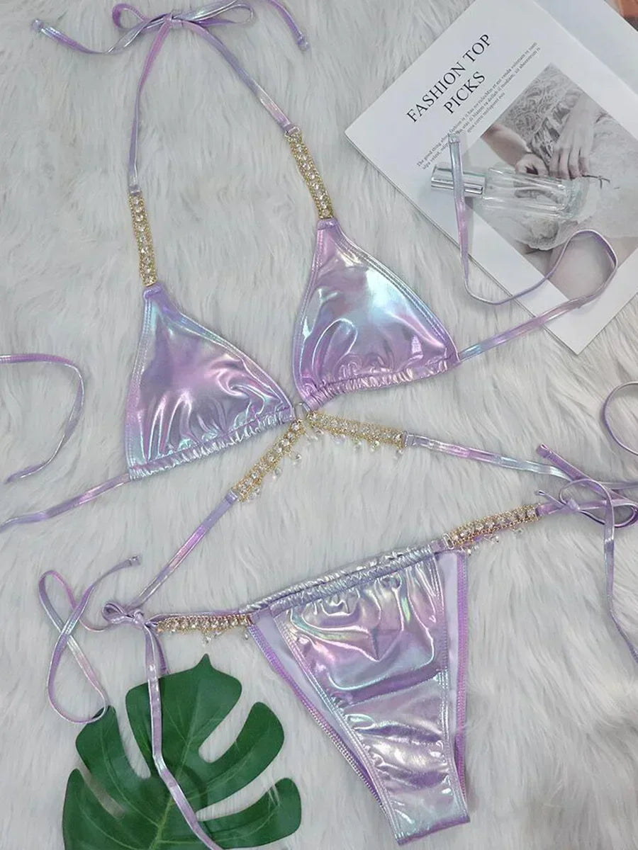 PU Faux Leather Bikinis Wrap Around Diamond Bikini Women Swimsuit Female Swimwear Two-pieces Bikini Set Halter Bathing Suit Swim