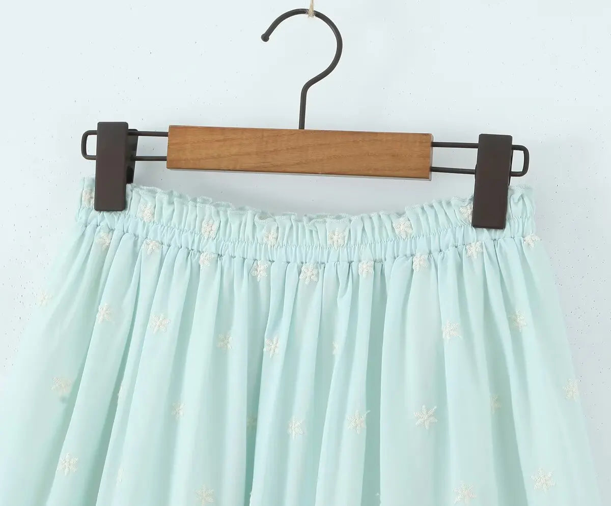 Sleeveless Top Skirt Two Pieces Matching Set for Women Light Blue Vintage Skirt Set French Style Embroidery Cotton Dress Set