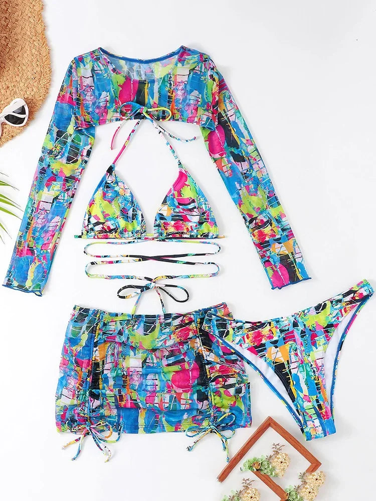 Long Sleeve Printed Halter Bikini Female Swimsuit Women Swimwear Four-pieces Bikini Set with Mesh Skirt Bathing Suit Beach Wear