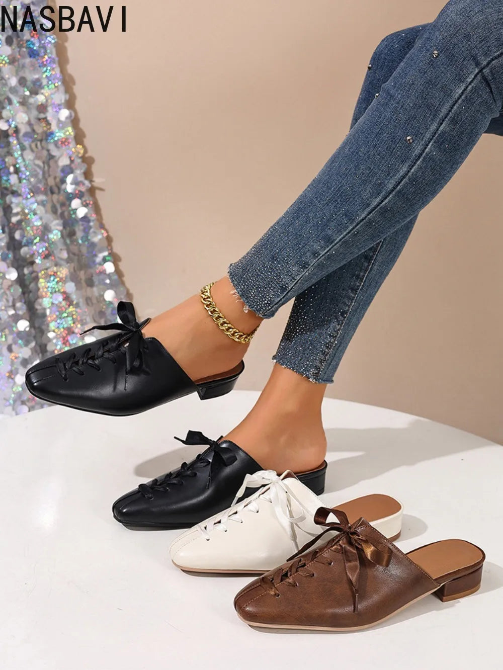 2026 New Retro Summer Brown Women's Slippers Thick Low Heels Square Head Lace Up Ladies Comfortable Outdoor Beach Sliders 35-45