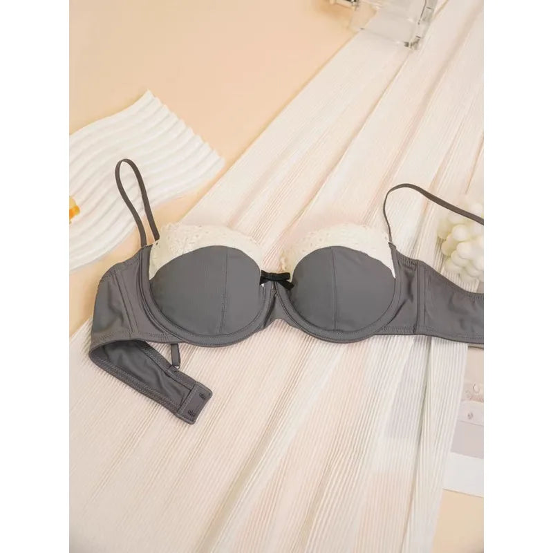 Sexy Push Up Bra Small Breasts Women, Pure Sensual Lace Lingerie Set Summer Thin No Empty Cup Gather Support Beautiful Bralette