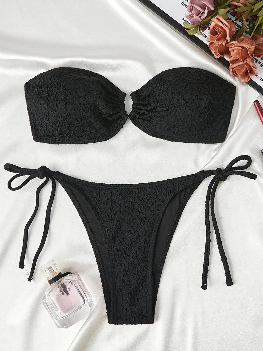 2026 Ring Linked Bandeau Bikini Solid String Swimwear Female Sexy Swimsuit Women Bathers Bathing Swimming Swim Suit Beachwear