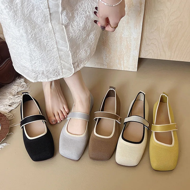 2026 New Mary Jane Shoes Woman Summer Autumn Leisure Flats Breathable Knitted Square Toe Female Daily Walking Driving Flat Shoes