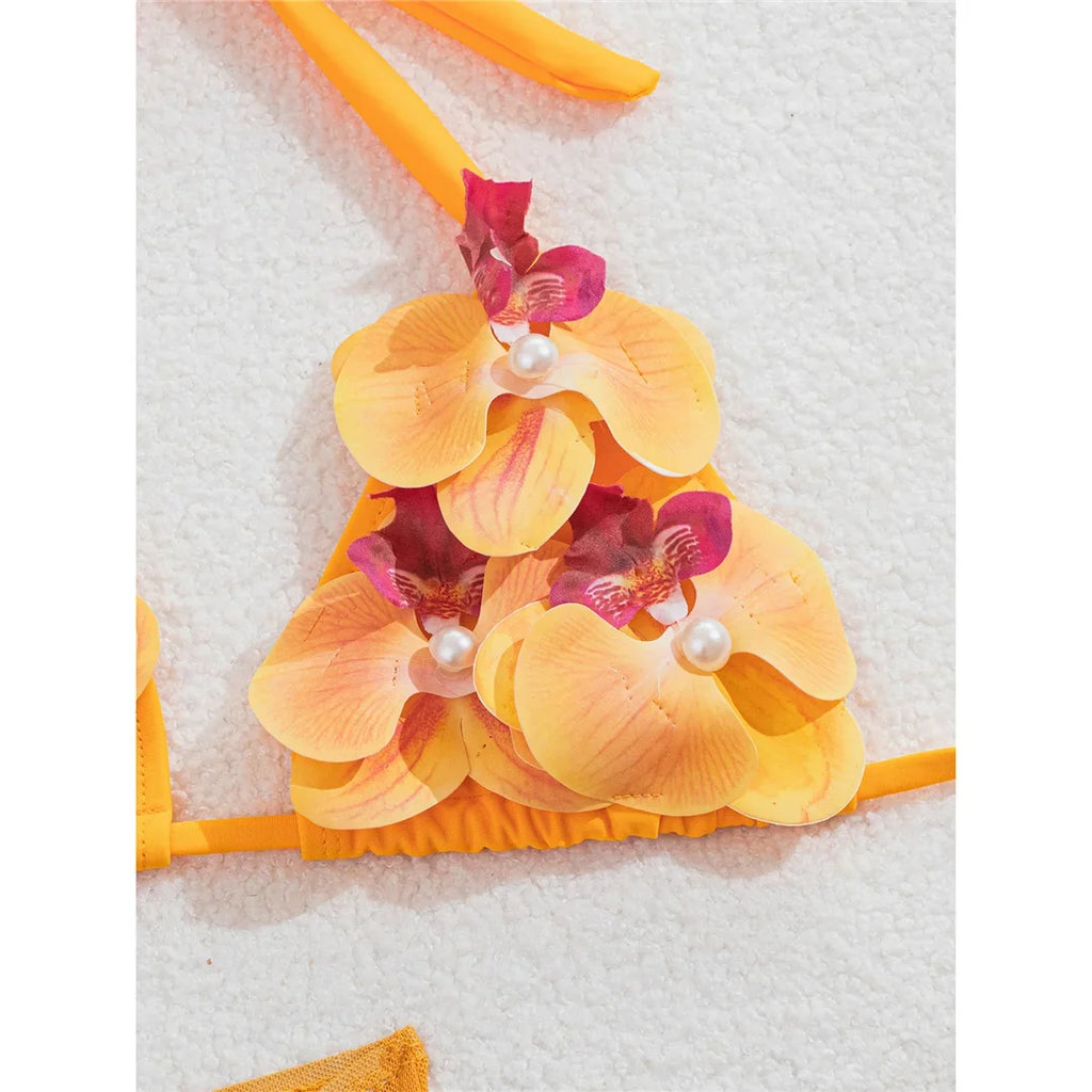 3D Flowers With Skirt Bikini Female Swimsuit Women Swimwear Halter Padded Bather Bathing Suit Swim Three-pieces Bikini set K8102
