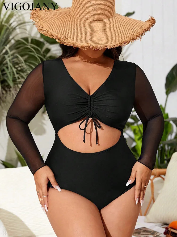 VigoJany 2026 Sexy Black Long Sleeve Plus Size Swimwear Women Hollow Push Up One Piece Swimsuit Patchwork Backless Bathing Suit