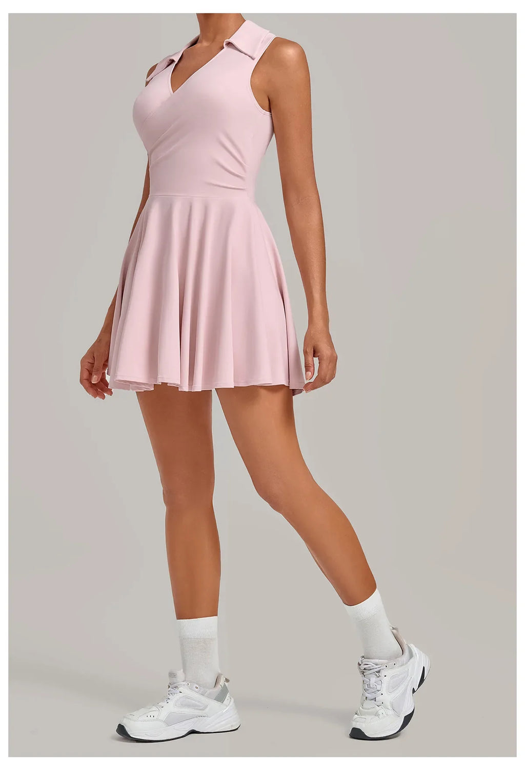 Summer Women Solid Tennis Dresses Sleeveless Turn Down Collar Pleated Skirts with Detachable Pocket Shorts Slim Yoga Golf Dress