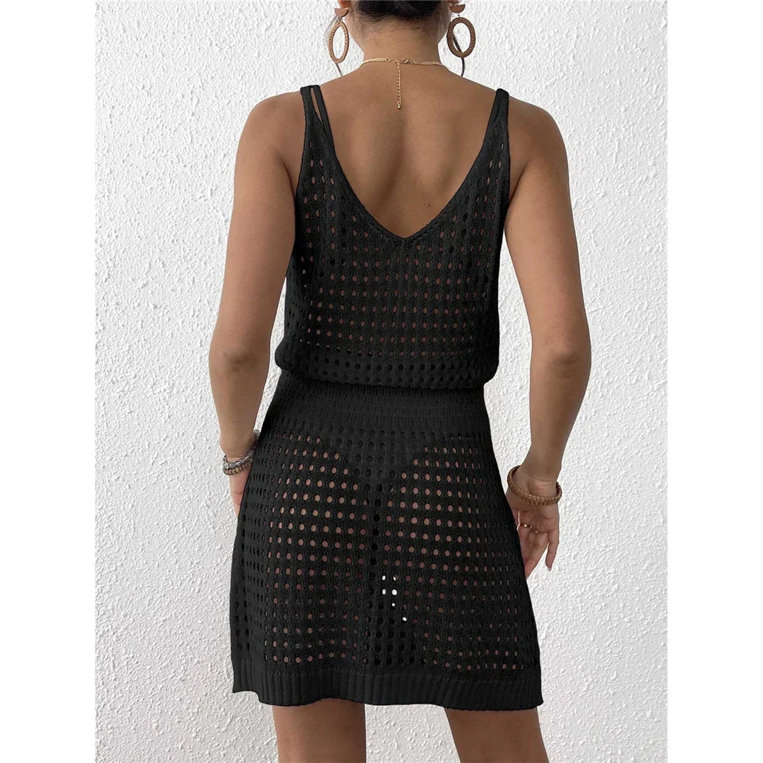 S - XL V Neck Hollow Out Crochet Knitted Tunic Beach Cover Up Cover-ups Beach Dress Mini Beach Wear Beachwear Female Women V7048