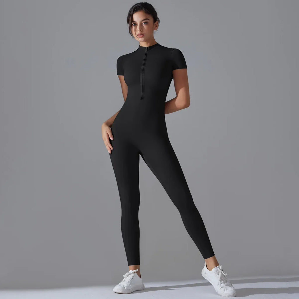 Naked zipper short sleeved yoga suit jumpsuit, quick drying breathable outdoor sports tight fitting jumpsuit, fitness suit