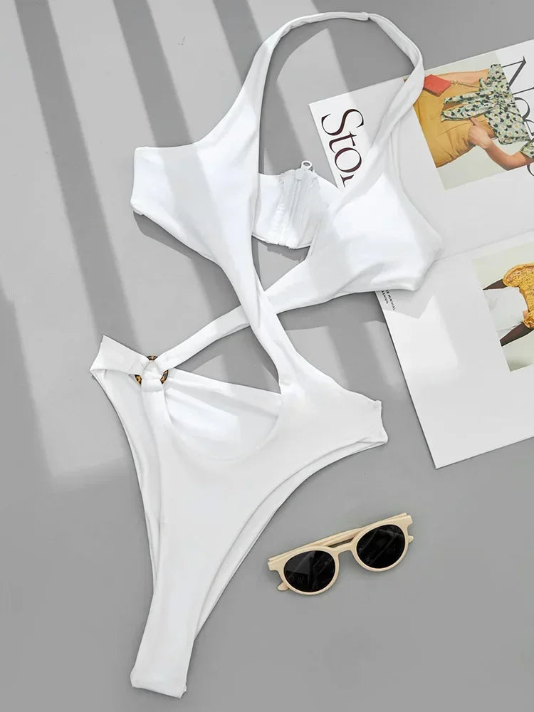 2025 Sexy High Cut Out Halter Female Swimwear One Piece Swimsuit Women Cross Bandage Monokini Bather Bathing Suit Swim Bodysuit
