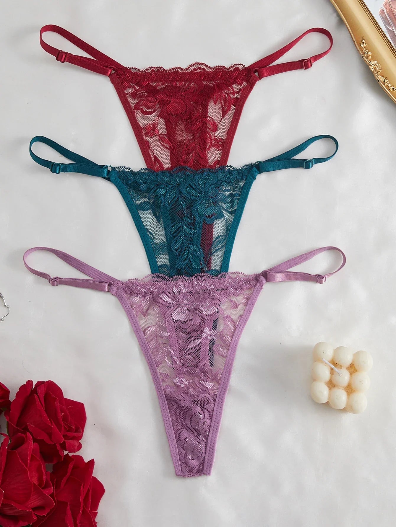 3-Pack Women's Sexy Lace Panties Underwear, Adjustable Strap Floral Lace Sheer Mesh Sexy Thong