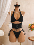 Sexy Pink Plaid Print Bikini Set 2026 Women Bandage Cross Fishbone Top 3 Piece Swimsuit Summer Bathing Suit Holiday Swimwear