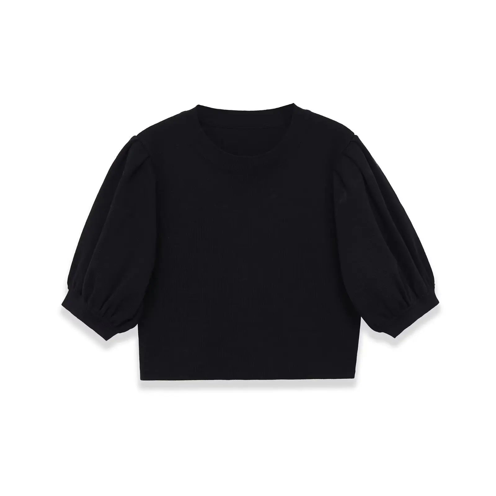 Fashion Casual Round-neck Puff Sleeve Knitted Top Women Black Puff Sleeve Knit T Shirt Crew Neck Short Sleeved Casual Top 99K0