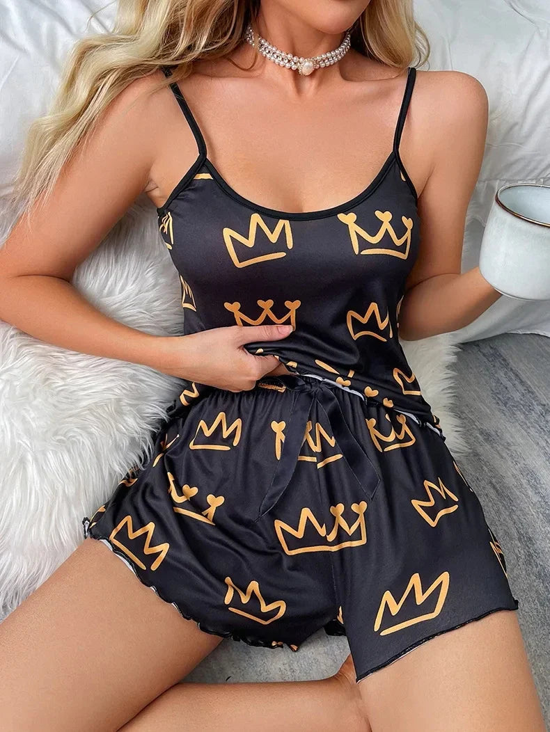 Summer Y2K Cute Crown Cartoon Print Top and Shorts Sleepwear Women 2Pcs Pajamas Set Loungewear Sexy Pyjamas