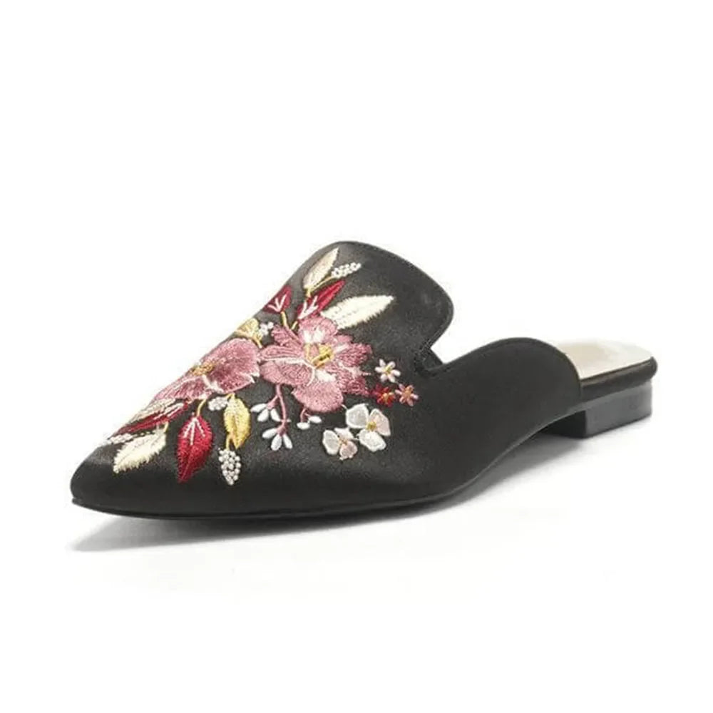 2026 Big Size 43 Summer Women's Blue Mules Slipper Sandals with Silk Flowers Embroidery Comfy Walking Slide Flat Satin Shoes