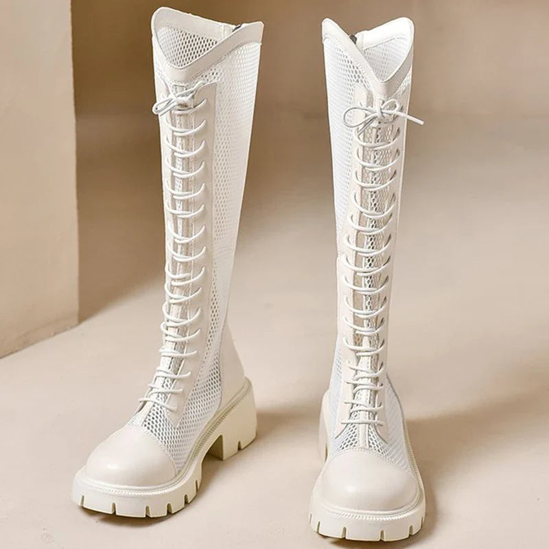 Fashion Breathable Mesh Boots for Woman Summer Solid Zipper Mid-Calf for Women Round Toe Lace Up High Heels Shoes Ladies