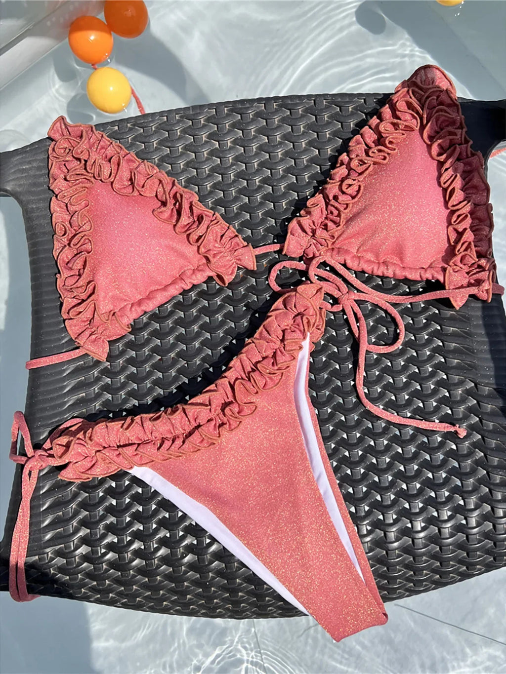XS - L Shiny Frilled Halter Strappy Bikini Women Swimwear Female Swimsuit Two-pieces Bikini set Bather Bathing Suit Swim K7061