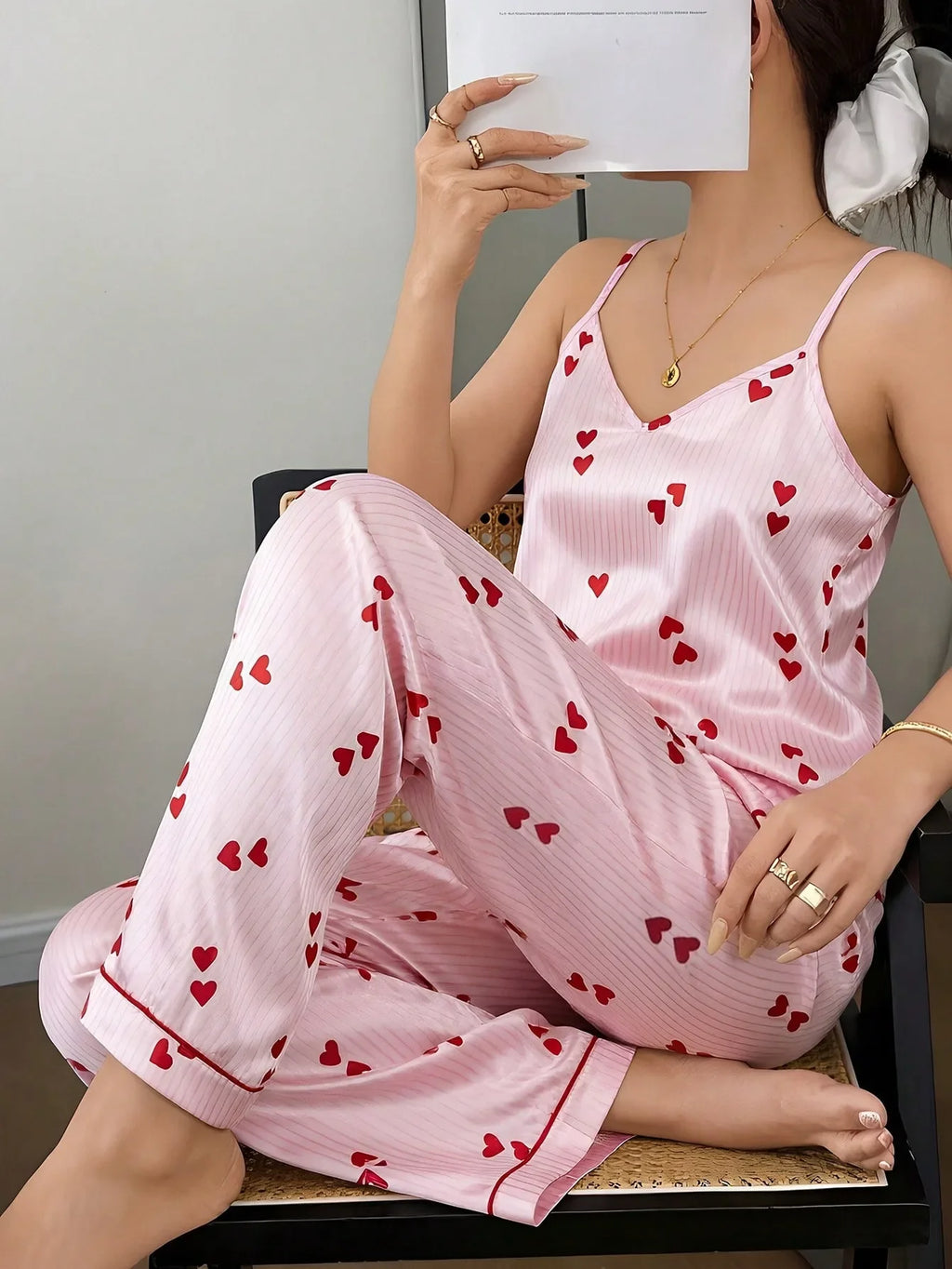 Women's Camisole Pajama Set Cute Sweet Heart Print Lounge Sets Sexy V Neck Satin Cami & Pants Sleepwear Pajamas Nightwear Pj Set
