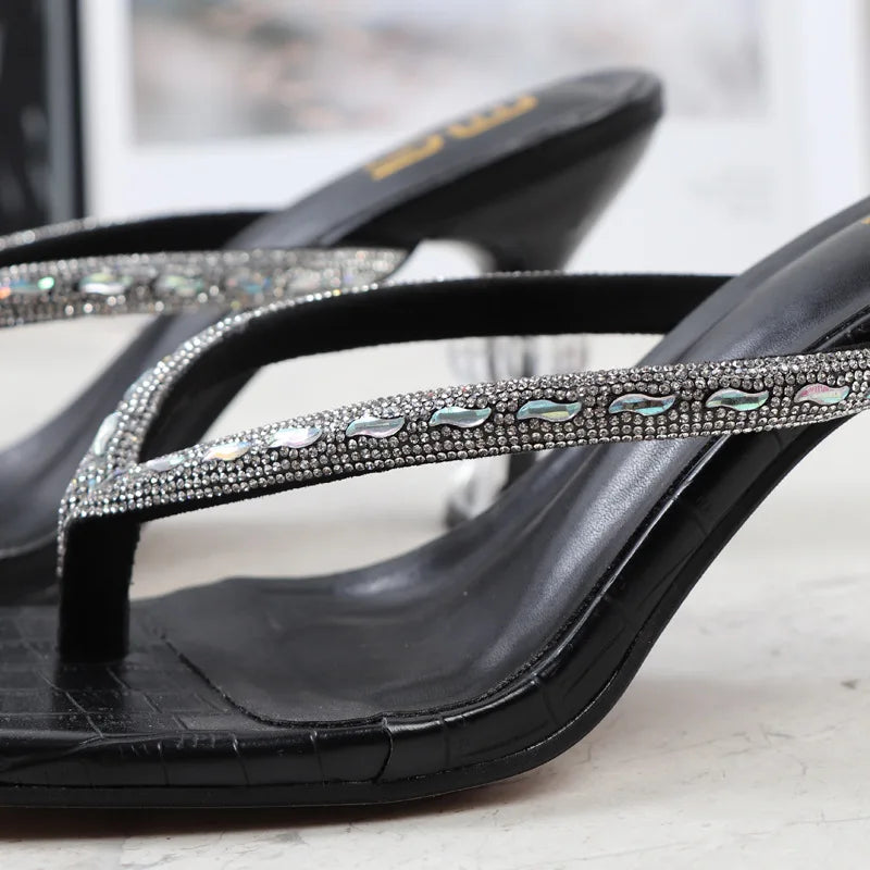 2025 Summer Flip Flops Crystal Slides Women 8cm High Heels Mules Crystal Glitter Block Low Heels Slippers Glitter Platform Shoes