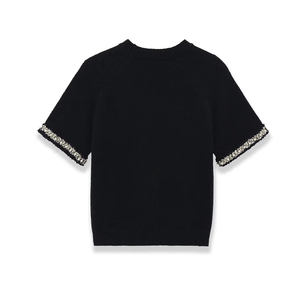 Fashion Casual Short-sleeve Knit Top With Black Short Sleeve Knit Top Gold Button Detail Round Neck Slim Fit Casual Sweater GRQ4