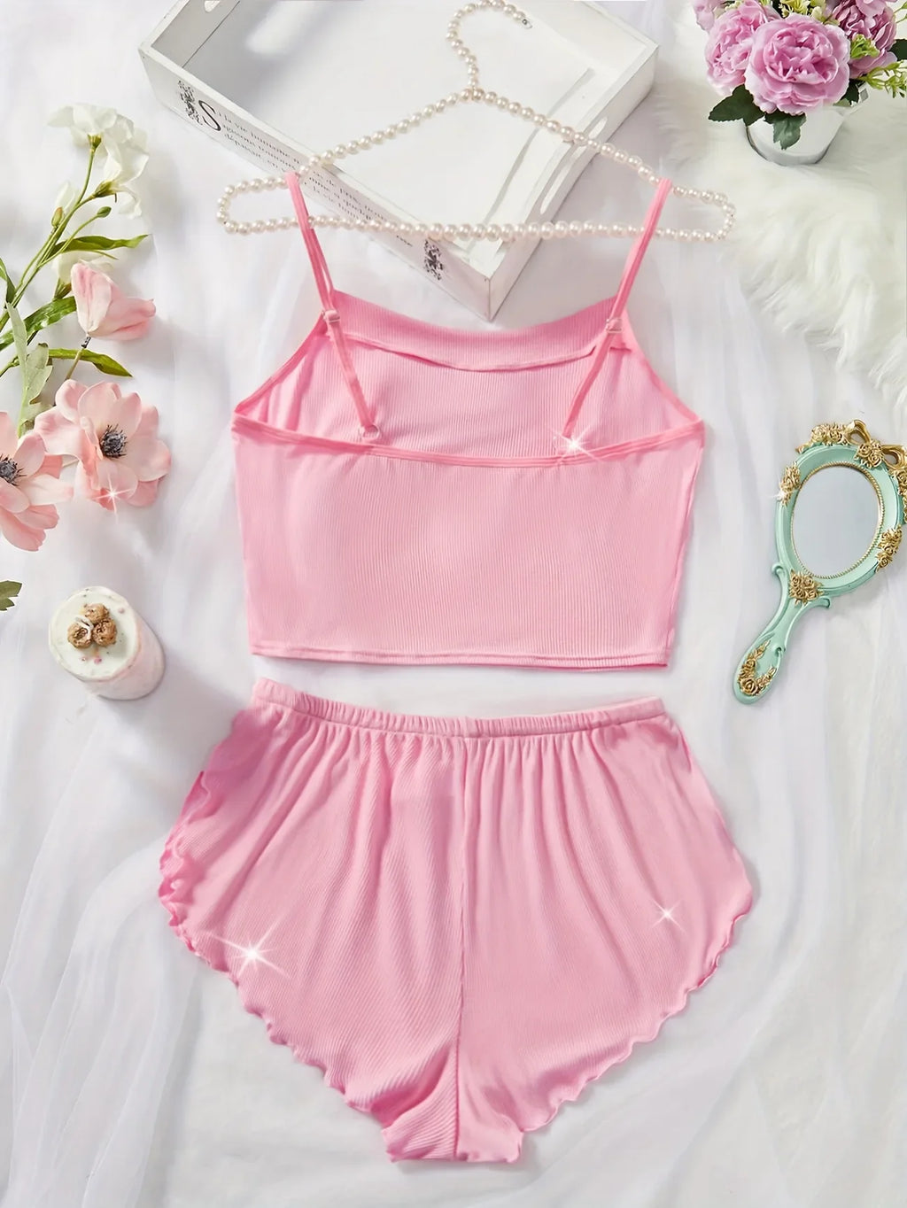 Women's Pajama Set Solid Color Camisole Crop Top and Ruffle Shorts, Sleeveless Soft Sleepwear, Summer Loungewear Outfit