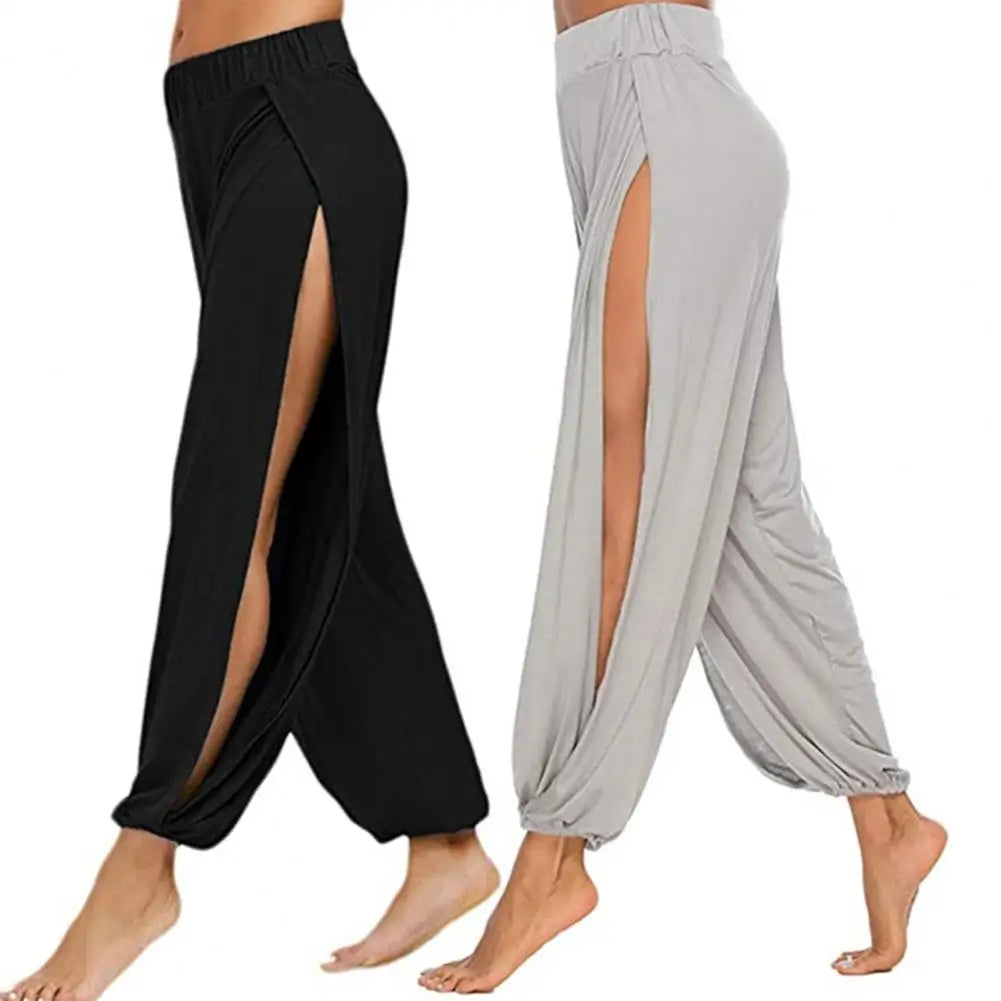 Hip Hop Style Yoga Dance Pants Women Harem Pants High Waist Side Slit Design Wide Leg Casual Trousers Solid Color
