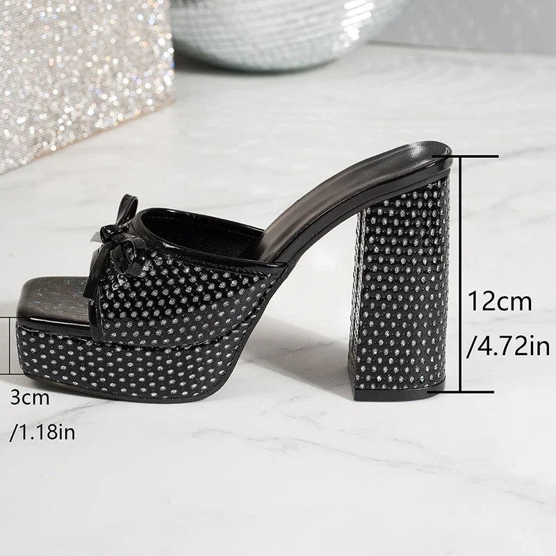 Chunky High Heel Crystal Sandals Women Plus Size 43 Square Toe Platform Slippers Woman Summer Party Bowknot Thick Heeled Sandals