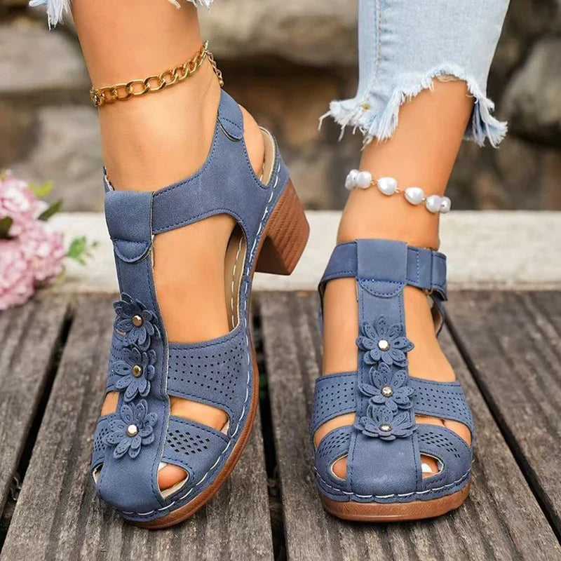 Plus Size 43 Thick Heel Rome Sandals Women Closed Toe Ankle Strap Summer Sandles Woman Flowers Platform High Heeled Sandals