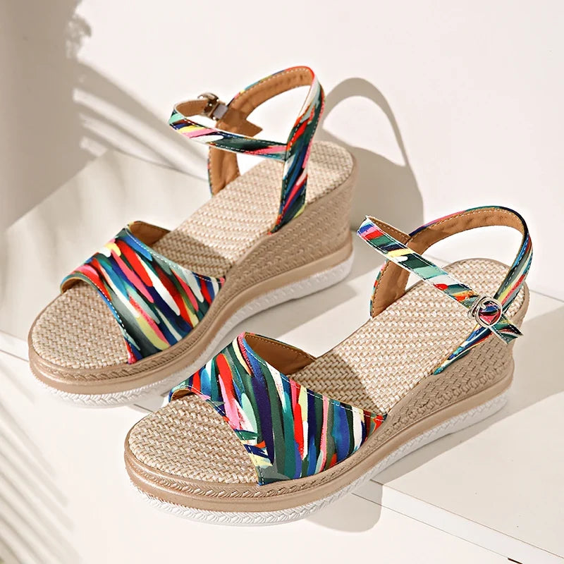 2025 Summer Leopard Print Wedges Sandals Women Plus Size Ankle Buckle Platform Sandles Woman Lightweight Chunky Heel Sandalias