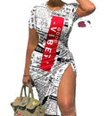Trendy Printed Slim Midi Dresses Women Fashion Package Hip Bodycon Short Sleeves Drawstring Slit Dress Casual Ladies Streetwear