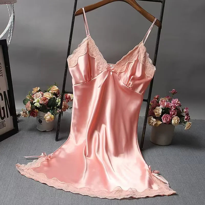 Women Satin Nightdress Lace Trim Slip Dress Sexy Spaghetti Strap Sleepwear Silky Smooth Nightgown Elegant Lingerie Home Wear