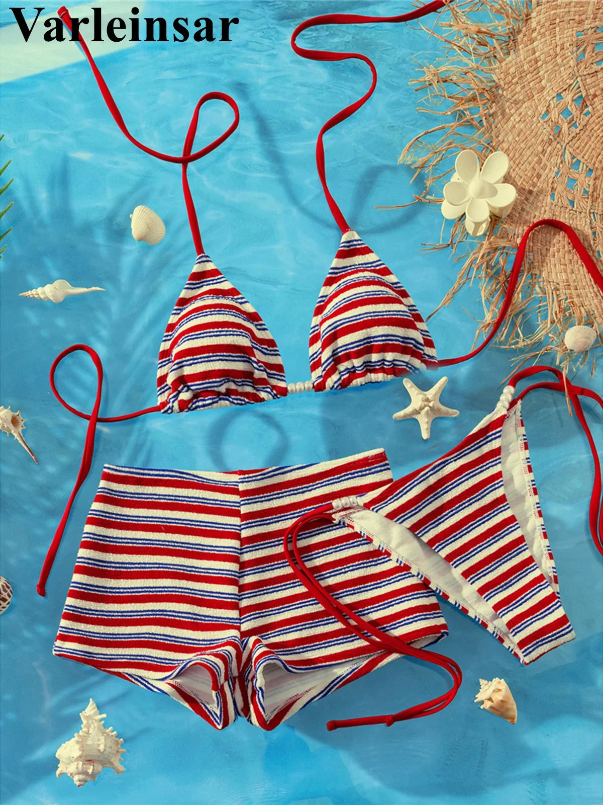S - XL With Shorts Striped Halter Bikini Women Swimwear Female Swimsuit Three-pieces Bikini set Bather Bathing Suit Swim V8130