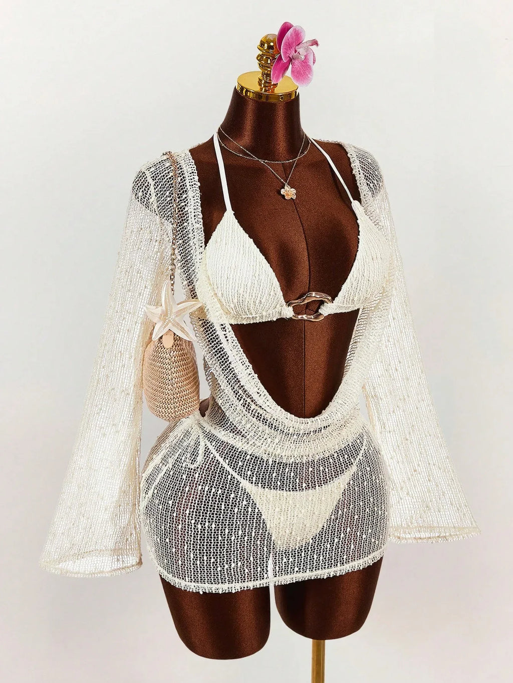 Sexy Metal Buckle Push Up Bikini Set 2026 Women Hollow Out Mesh Long Sleeve Cover Up 3 Piece Swimsuit Pool Bathing Suit Swimwear