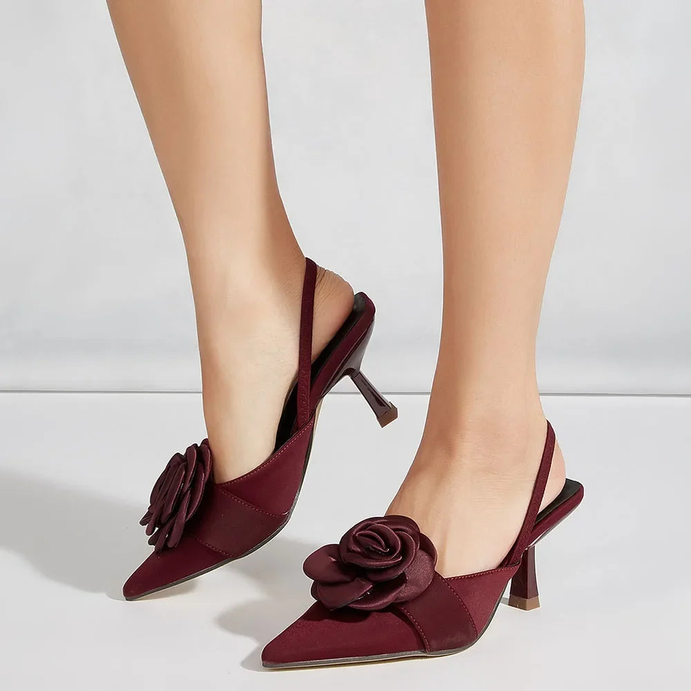 Big Size 43 Elegant Flower Burgundy Slingback Sandals Mules Summer Sexy Pointy Toe Thin High Heels Sandals Shoes Women
