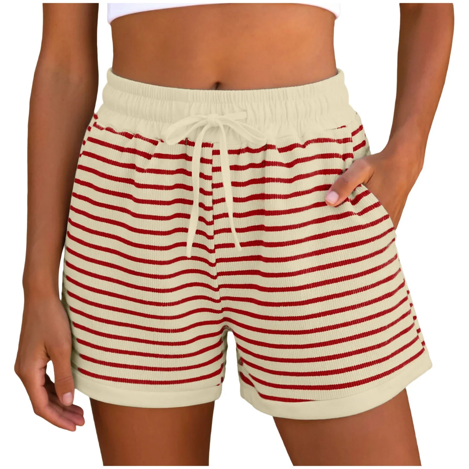 Y2k Cute Contrast Color Elastic High Waist Striped Shorts Women Drawstring Summer Shorts With Pockets Loose Fit Ribbed Shorts