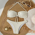Sexy beige hollow out bow tie bikinis sets two pieces halter backless thong swimsuit Swimwear bathing suit beach outfits biquini