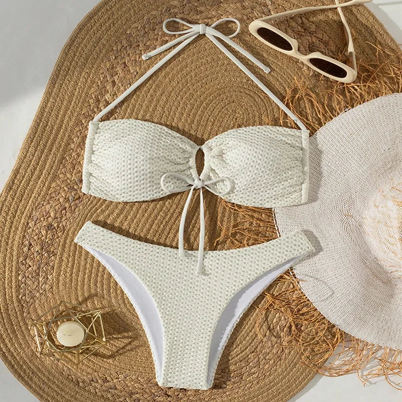 Sexy beige hollow out bow tie bikinis sets two pieces halter backless thong swimsuit Swimwear bathing suit beach outfits biquini