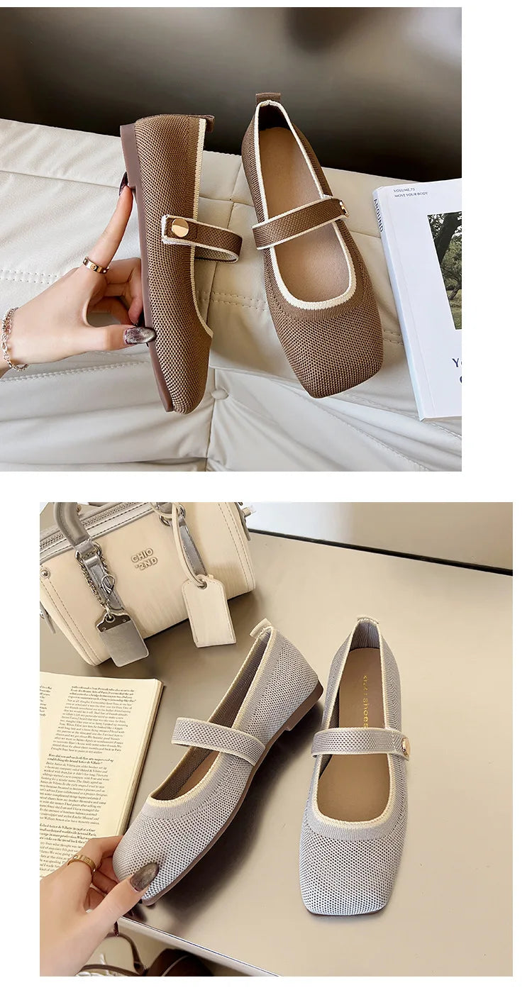 2026 New Mary Jane Shoes Woman Summer Autumn Leisure Flats Breathable Knitted Square Toe Female Daily Walking Driving Flat Shoes